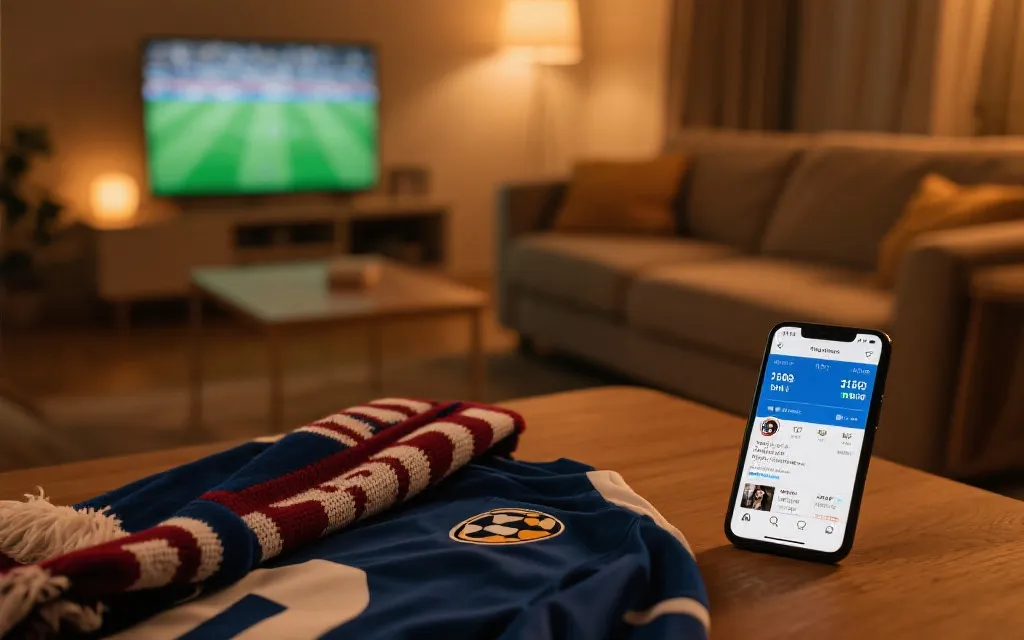 客厅电视直播世界杯比赛，桌上放着球衣围巾与零食，手机显示实时数据与社交媒体讨论