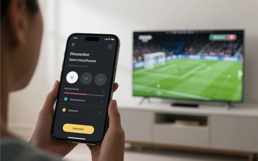 手机与电视同屏的观赛场景，画面一侧显示会员权益提示与清晰度选项，现代简洁风