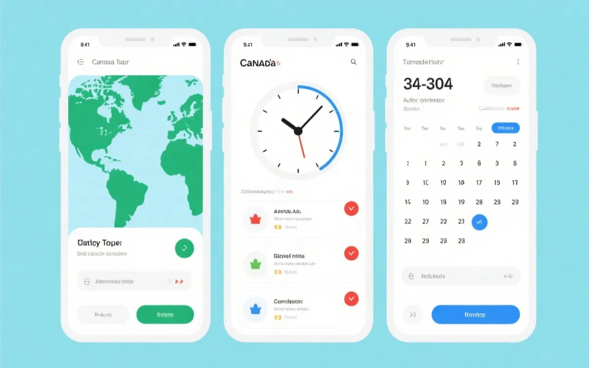 手机世界时钟与日历界面示意，展示从加拿大时间一键换算到北京时间并创建提醒